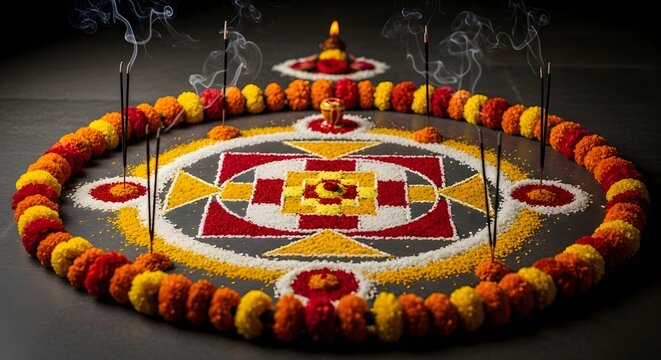 A vibrant, circular rangoli design adorned with marigold flowers and lit incense sticks, creating a spiritual and festive atmosphere.