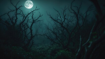 A nighttime forest scene with barren trees, a full moon shining above, and a mysterious, eerie atmosphere.