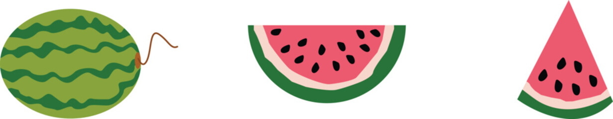 Whole watermelon, half watermelon slice, and quarter watermelon slice showing seeds and rind, Cartoon Style. vector illustration