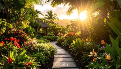 Lush garden path at golden hour glows