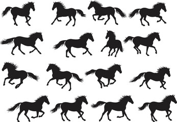 Silhouettes of horses in various running and trotting poses, horse animation frames, equine movement, horse silhouette vector set