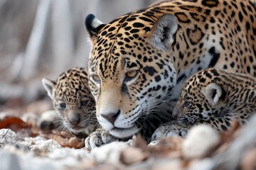 Naklejka premium A jaguar playing with its cubs