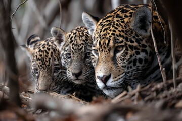 Naklejka premium A jaguar playing with its cubs