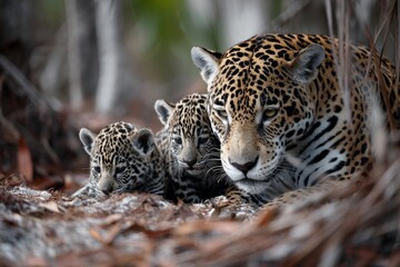 Obraz premium A jaguar playing with its cubs