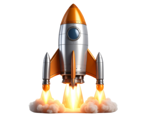 3D Metallic Rocket Launch Icon, isolated on a transparent background