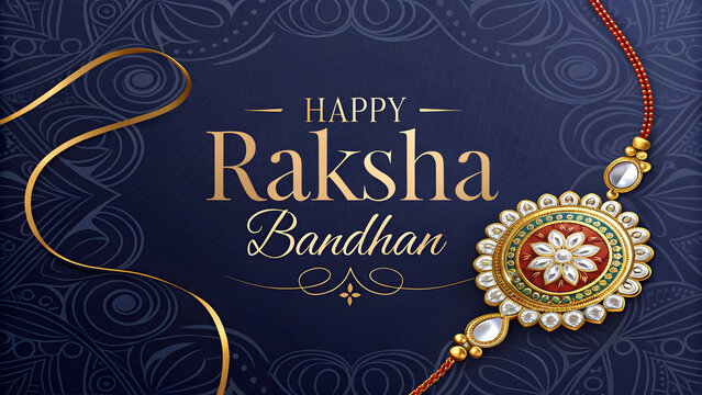 Dark Royal Blue Raksha Bandhan Greeting Card Design Featuring a Gold and Red Embellished Rakhi with Golden Ribbon and Mandala Pattern Background