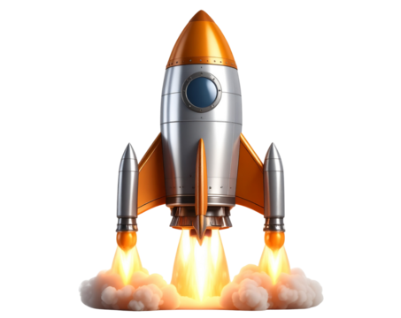 3D Metallic Rocket Launch Icon, isolated on a transparent background