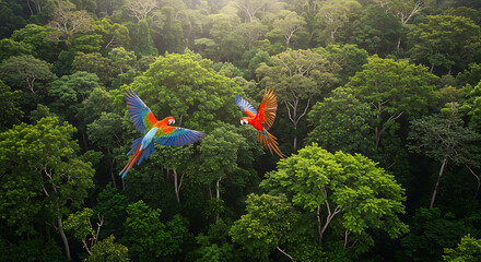 Fototapeta premium Majestic Scarlet Macaws in flight, soaring gracefully over the dense, verdant canopy of the Amazon rainforest