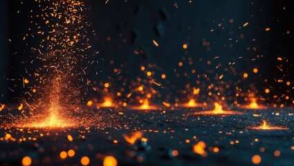 Lava or molten metal splashing with glowing sparks and fiery particles against a dark background. Industrial, high-temperature, or volcanic concept.