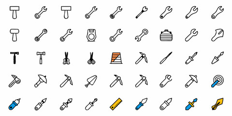 Illustration of various tools including wrenches hammers and cutting instruments in a grid pattern