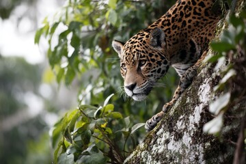 A jaguar climbing a tree
