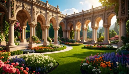 Ornamental palace garden with colonnades