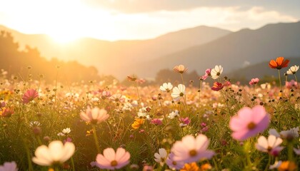 Pastel floral meadow at golden sunset