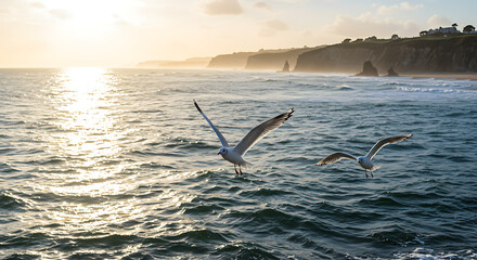 Golden hour flight of two seagulls over the sparkling sea, with dramatic coastal cliffs silhouetted by the setting sun.