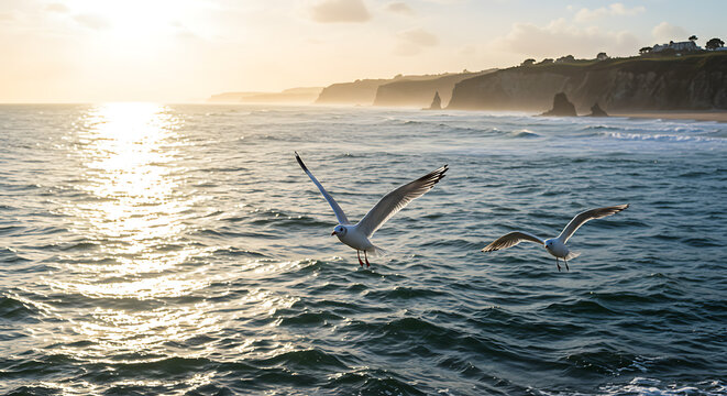 Golden hour flight of two seagulls over the sparkling sea, with dramatic coastal cliffs silhouetted by the setting sun. - Powered by Adobe