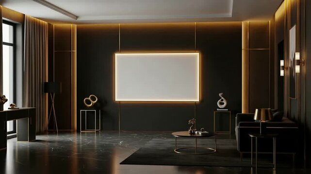 Luxury Living Room Interior Design Mockup with Blank Screen - 4K Stock Video