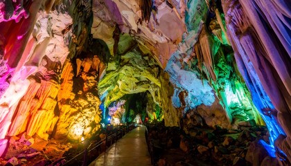 Rainbow lights illuminate cave passage.