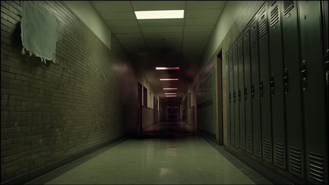 POV journey through a terrifying, empty school corridor. The endless hallway leads into a dark, infernal portal to another dimension or a nightmare.