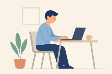 Vector illustration of man working on laptop at home office desk, remote job lifestyle.
