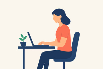 Vector illustration of woman freelancer working with laptop at table, home office lifestyle.