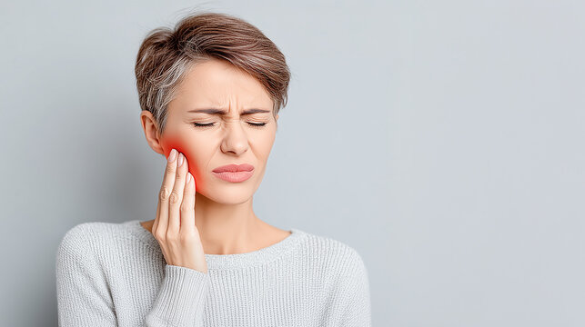 Woman suffering from toothache holding cheek, concept of dental pain, oral health problems, or jaw inflammation