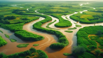 Lush green river delta with winding water channels and islands in a wetland landscape. Nature and environment, ecosystem. The concept of wetlands and aquatic habitats.