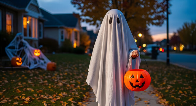 A child dressed as a ghost holding a pumpkin bucket on a sidewalk during halloween night at dusk time