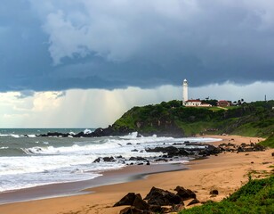 Dramatic coastal landscape featuring a lighthouse, beach, and approaching storm clouds over the