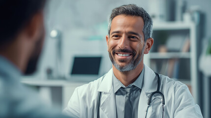 Fototapeta premium Smiling doctor consulting patient in modern medical office