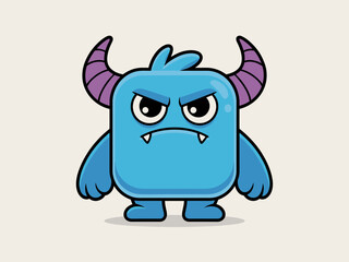Cute Monster Cartoon – Blue Fantasy Creature Vector Mascot with Horns