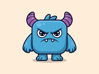 Cute Monster Cartoon – Blue Fantasy Creature Vector Mascot with Horns