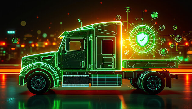 Futuristic Green Wireframe SemiTruck with Digital Security.