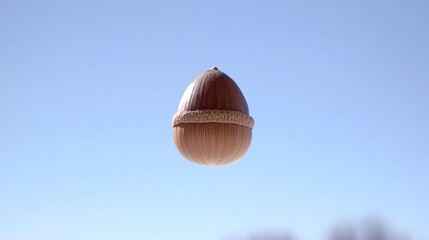 Isolated acorn on clear blue sky background conveying autumn and nature