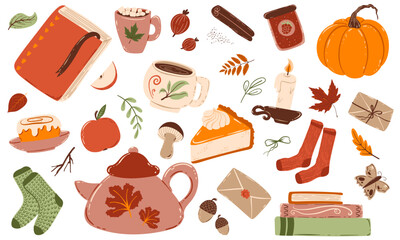 Cozy Autumn Collection Vector Illustration. Fall Elements. Autumn Hygge Collection with Tea, Pumpkin and Books. Pie, Candle, Socks and Warm Drinks