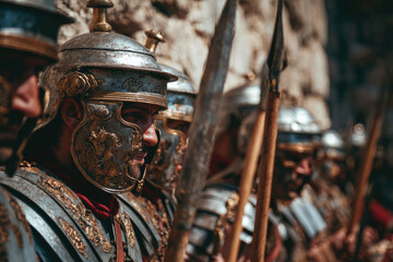 Ancient roman soldiers in battle formation at a stone wall military legion display archaic war environment captured in detail