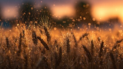 Golden wheat field at sunset, glistening with dew drops and raindrops