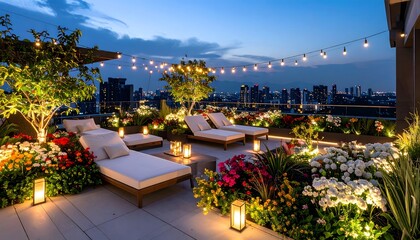 Fototapeta premium Stylish rooftop garden at twilight hour