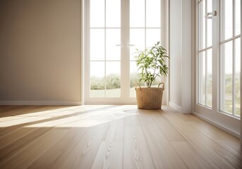 Bright interior with potted plant and sunlit floor