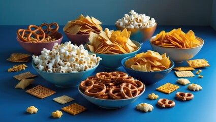 An assortment of snack bowls with popcorn, chips, pretzels, and assorted crackers, set on a blue surface.