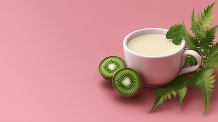Buttermilk yellow background with rose pink cup of milk tea kiwi slices and fern leaves for copy space