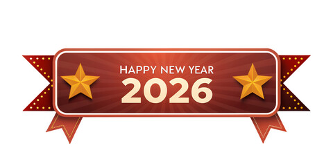 Happy New Year 2026 Banner: A festive banner proclaiming Happy New Year 2026, adorned with golden stars and a celebratory ribbon, radiating warmth and anticipation for the upcoming year.