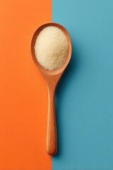 Captivating wooden spoon filled with powder on vibrant orange and blue background showcasing unique texture and color contrast for culinary inspiration