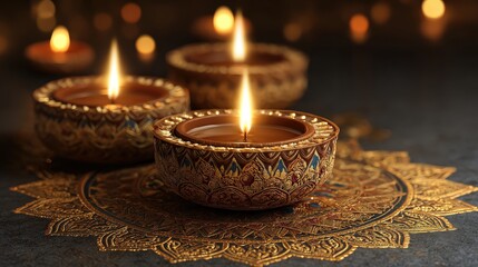 Elegant oil lamps illuminate a dark background, symbolizing light and spirituality, perfect for festive or meditative themes.