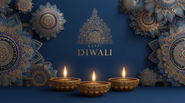 Elegant Diwali decorations featuring traditional lamps and colorful patterns on a serene blue background, celebrating the festival of lights.