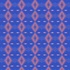 Seamless geometric diamond pattern in bold blue and coral tones, ideal for textile design, wallpaper, and digital backgrounds. Pattern keyword included.