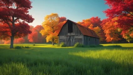 Obraz premium Autumn landscape with colorful trees and a rustic barn in a lush green field.