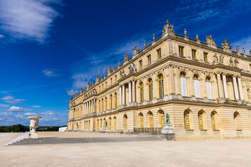 Angled view of the Palace of Versailles as seen from the gardens, France