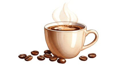 Obraz premium Watercolor illustration of a steaming cup of coffee with scattered coffee beans