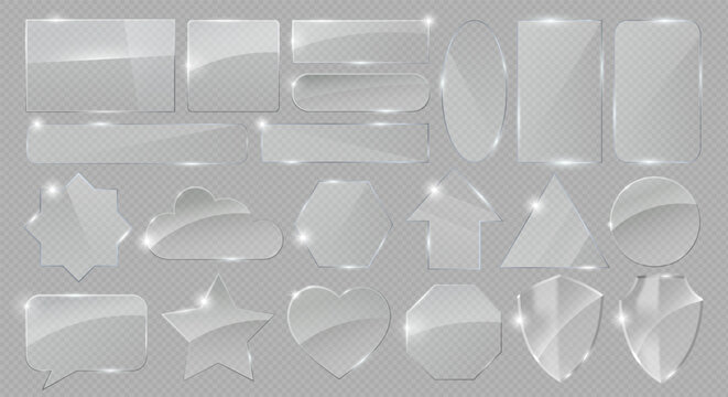 Set of 3d crystal glass shape, transparent geometric pattern symbol or hologram icon - heart, star, cloud, arrow, shield and speech bubble with holographic rainbow texture and iridescent glitter light