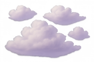 Five purple cartoon-style clouds float on a transparent checkered background, creating a dreamy and peaceful atmosphere